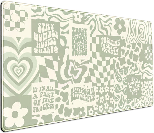 DCJJM Boho Aesthetic Desk Mat Beige Retro Hippie Boho XXL Large Extended Gaming Green Sage Mouse Pad Women Gamer Girl Work Office Computer Deskmat Mousepad Laptop Keyboard Mat Desk Pad 31.5x15.75 in