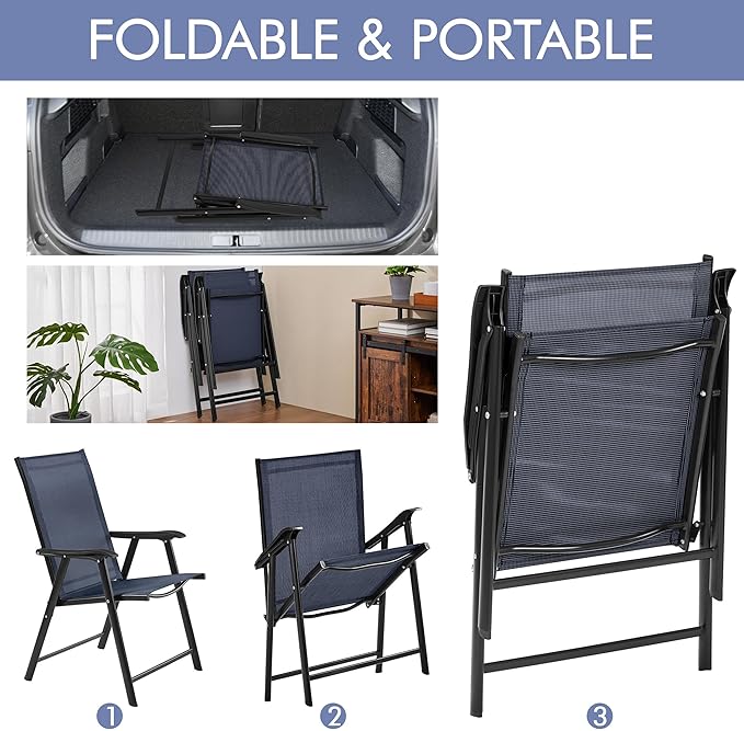 Yaheetech Patio Dining Chairs Set of 2, Portable Dining Chairs with Armrests for Camping, Lawn and Beach, Folding Patio Chairs 2-Pack of Metal Frame, Navy Blue