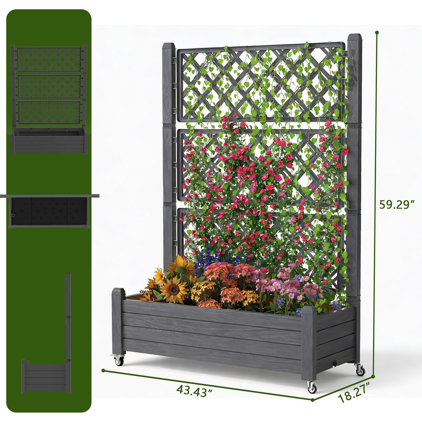 GYMHILL Elevated Raised Garden Bed with Trellis, 21 Gallon Self-Watering Outdoor Resin Planter Box with Lockable Wheels Drain Plug & Water Monitor for Plants Vegetables Flowers Fruits (Black)