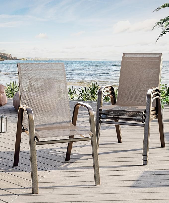 Outdoor Stackable Dining Chairs Set of 4, High-Back Patio Stacking Chairs, Patio Chairs with Textilene Farbic & Metal Frame for Lawn Backyard Deck Garden,Brown
