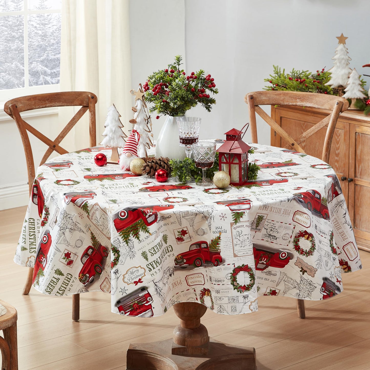 Newbridge Farm Fresh Christmas Tree Vinyl Tablecloth with Flannel Backing, Vintage Retro Holiday Print, Wipe Clean, 70 Inch Round