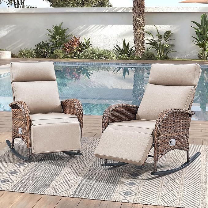 Zero Gravity Patio Rocking Wicker Recliner Chairs Set of 2- Wicker Outdoor Lounge Chair with Adjustable Backrest & Footrest, All Weather Reclining Rocker Chairs with Thick Cushion for Pool Deck Beige