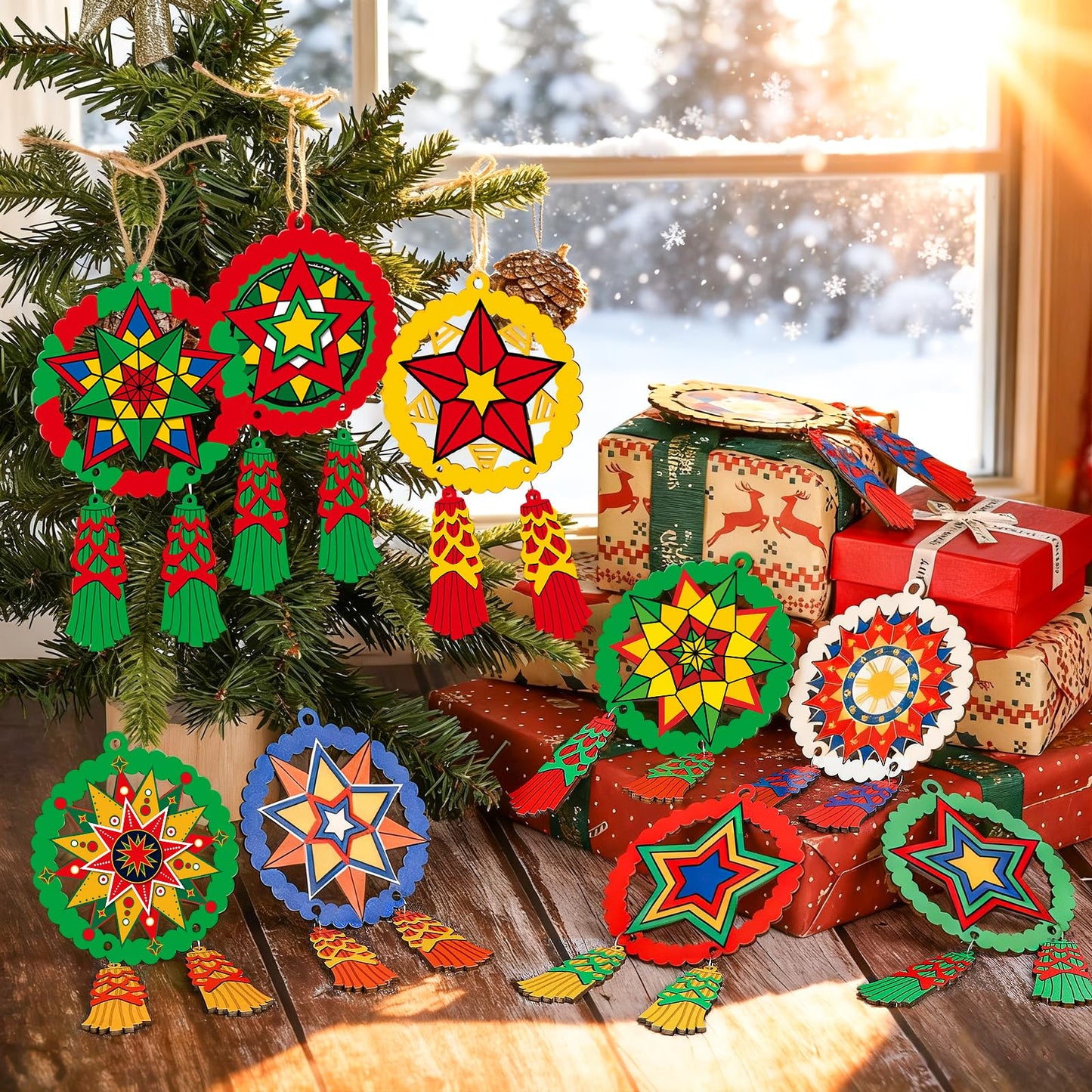 24 Pcs Christmas Parol Lantern Filipino Wooden Philippine Christmas Ornaments for Tree Decorations Hanging Ornaments Traditional Capiz Star Pendant Sign for Xmas Gift Home Window Holiday Decor Navidad
