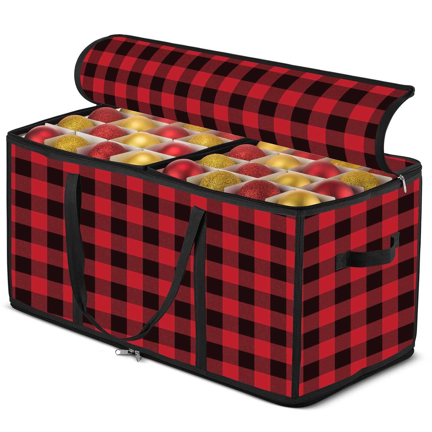 ZOBER Christmas Ornament Storage Box Plastic - Stores 128 3" Ornaments with Individual Trays - Ornament Organizer Storage Box, Durable Christmas Containers Holder - Plaid
