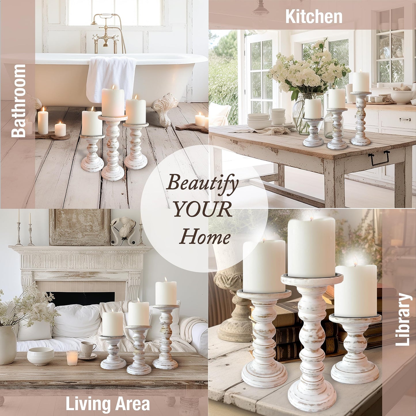 Large Candle Holders for Pillar Candles (3 Piece Set) Tall Rustic Wood Farmhouse Pillar Candlestick Stands - Fits 4 inch inch Wide Pillar Candles - Modern Candle Holder Decor (Antique White)