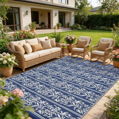 GarveeHome Outdoor Rug 9x18 Waterproof for Patio, Reversible Outdoor Plastic Straw Rug, Wallpaper Flower Indoor Outdoor Mat Carpet for RV, Camping, Deck, Backyard, Picnic, NavyWhite