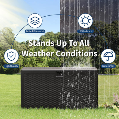 73 Gallon Waterproof Large Resin Deck Box Indoor Outdoor, Lockable Storage Container for Patio Furniture Cushions, Throw Pillows, Garden Tools, and Pool Floats, Black
