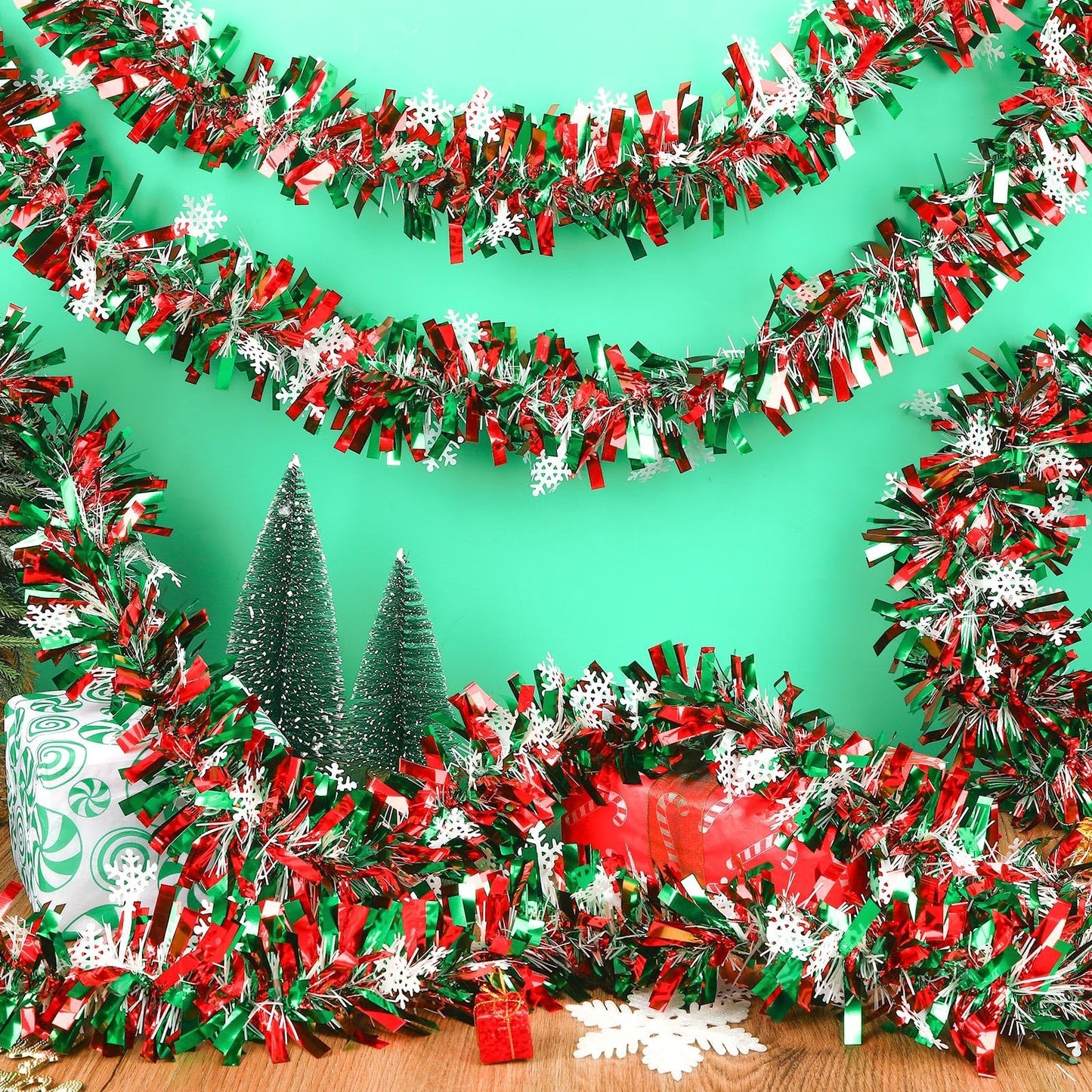 MARFOREVER Christmas Snowflake Tinsel Garland, Red Green Snowflake Metallic Twist Garlands for Winter Wonderland Christmas Tree Holiday Party Indoor Outdoor Home Wall Decoration, 3 Pcs 19.7 FT