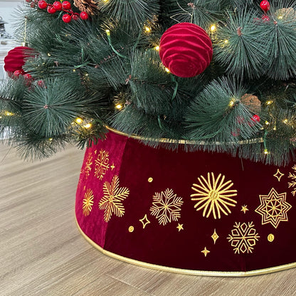 Starry Dynamo 28-Inch Velvet Burgundy Christmas Tree Collar with Embroidered Snowflakes, Foldable Tree Ring Base Cover for 5–7 ft Trees