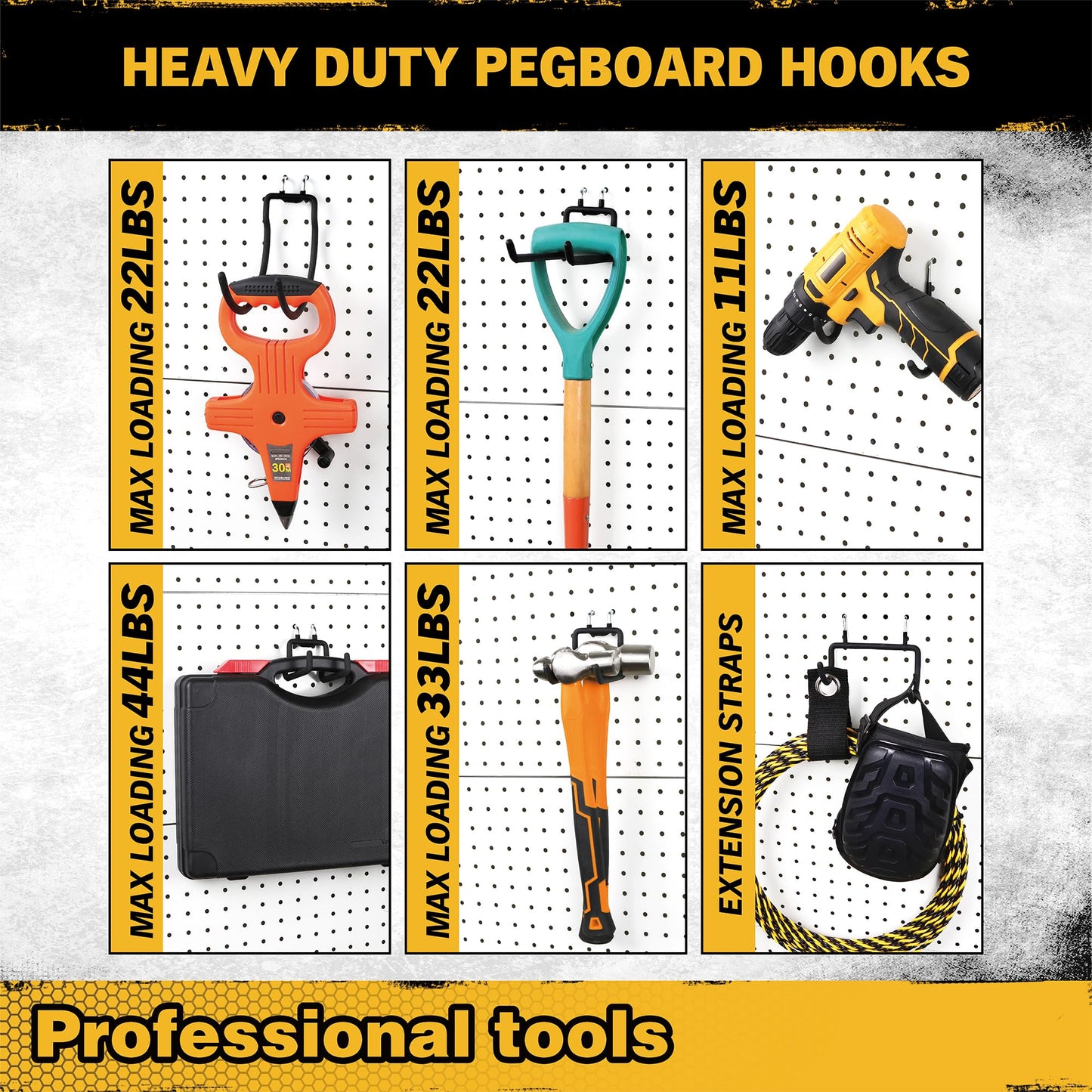 ELEAD 12-Piece Pegboard Hooks with Extension Straps, Heavy Duty Organizer Pegboard Accessories Fit for 1/4" Pegboard, Peg Board Tool Utility Hangers for Power Tool, Drill, Bag, Cord