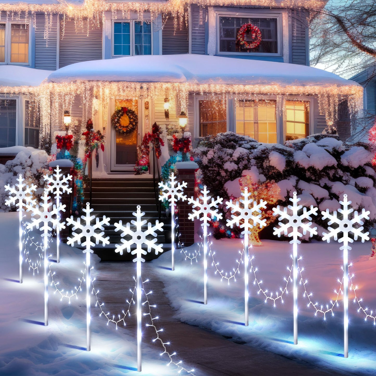 ElectricWise 10 Pcs Christmas Snowflake Pathway Stake Lights for Outdoor Yard, 370 Bright LEDs Waterproof Large Christmas Snowflake Light Decoration for Garden Lawn Driveway Walkway Decor(Cool White)