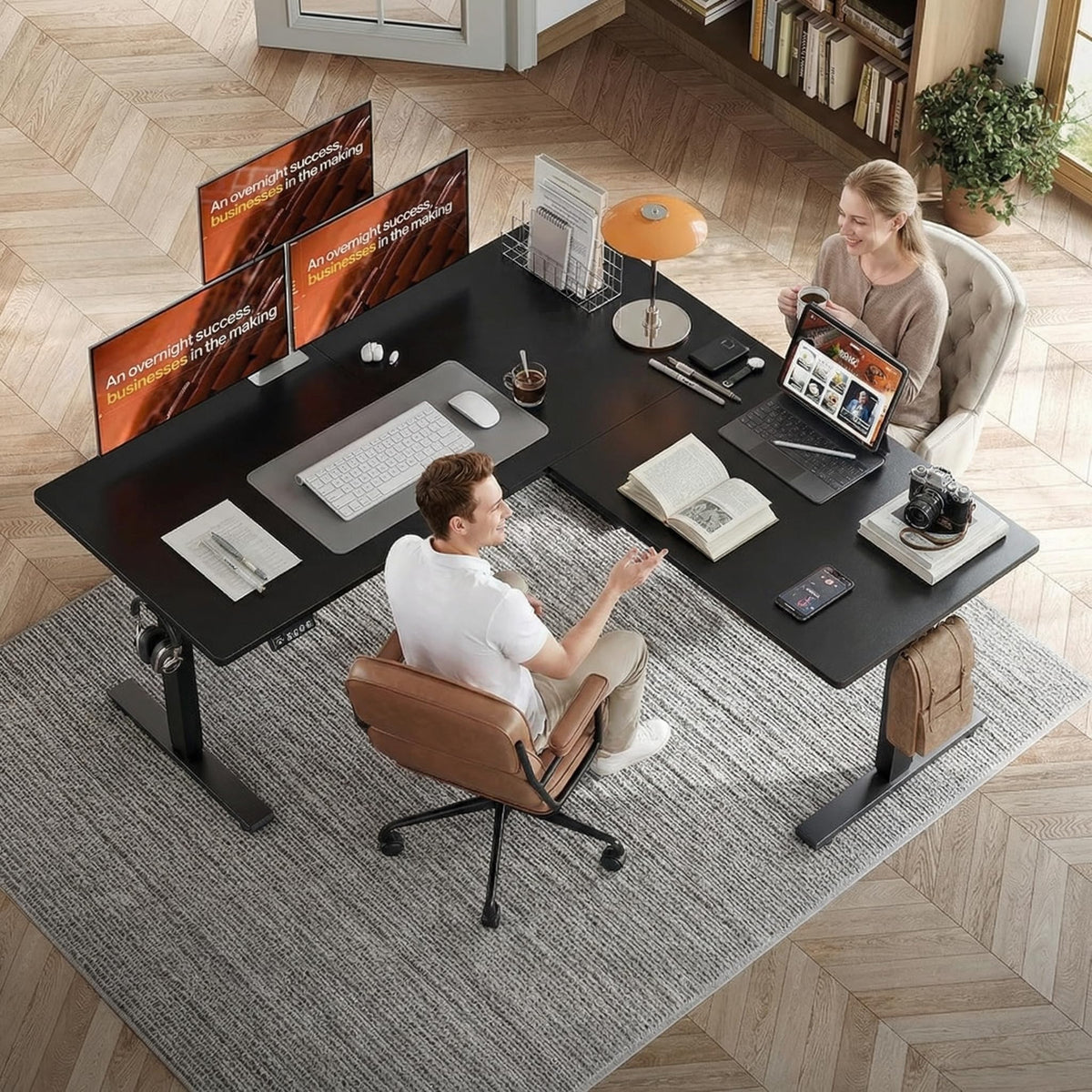 Grandder 63 x 55 Inch L Shaped Standing Desk, Electric Height Adjustable Corner Stand Up Desk, Sit Stand Corner Table Home Office Table, Black Top Black Frame