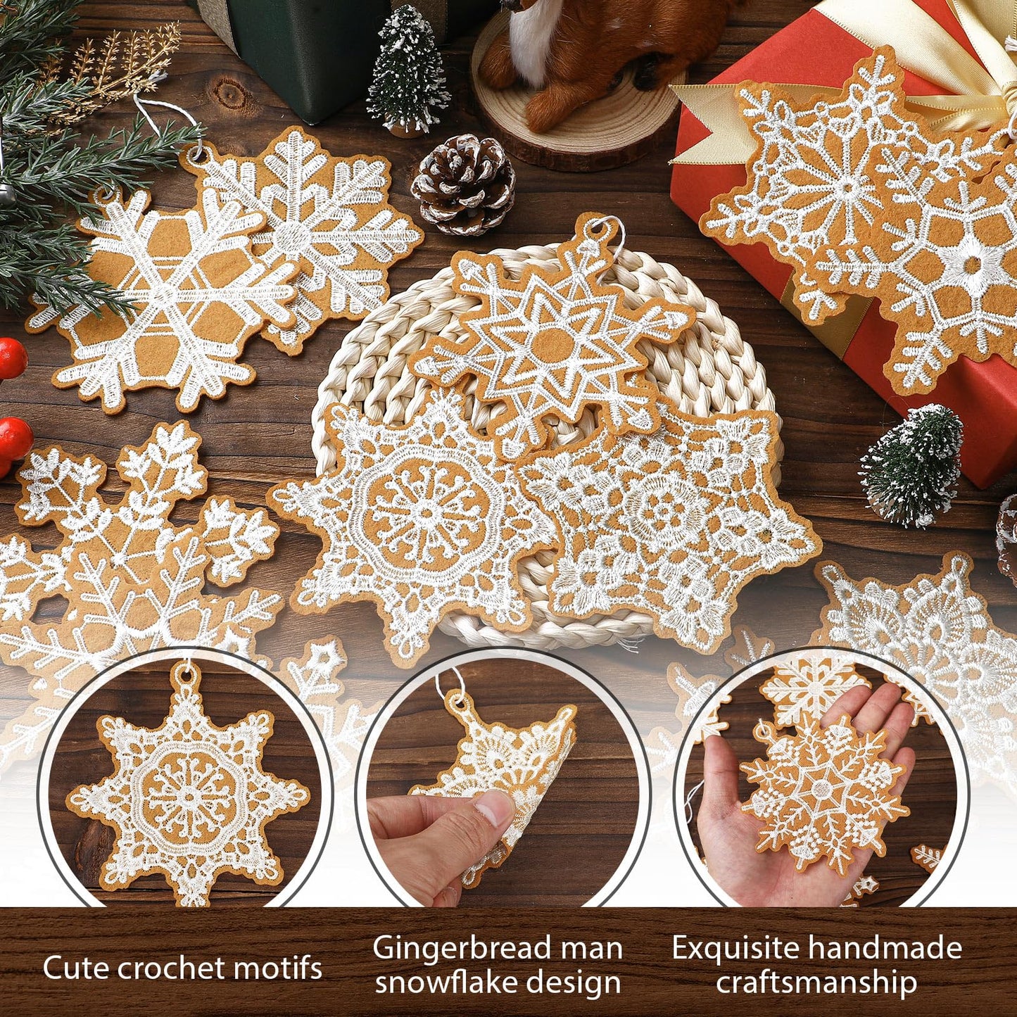 HunnmingRe 48 Pcs Christmas Gingerbread Crochet Snowflake Ornaments Winter Brown Crocheted Snowflake Bulk 12 Styles Hanging Decor for Winter Decorations Tree Wall Holiday Party Woven Gift