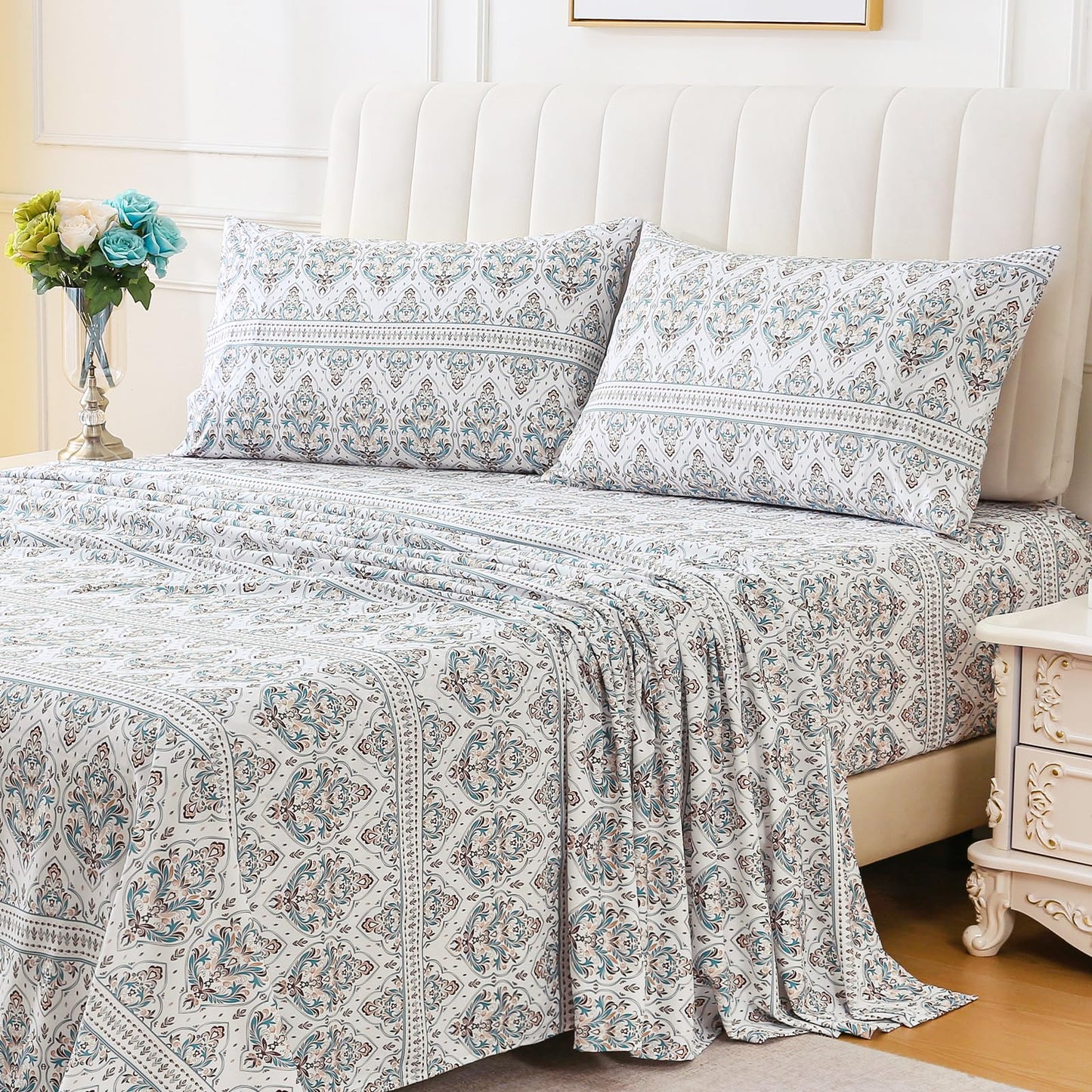 ChicView Queen Size Paisley Printed Sheet Set,4 Pieces Boho Style Breathable Soft Microfiber Bedsheets, Anti Pilling Deep Pockets Easy Care Bed Sheets, White Green