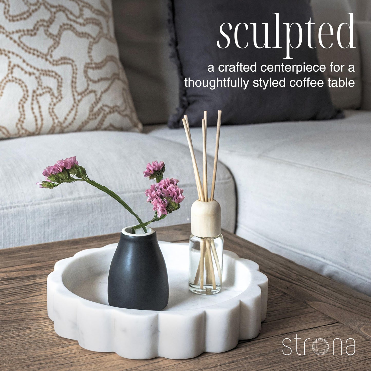STRONA White Scalloped Marble Tray - 8" Round Stone Vanity Tray for Perfume & Jewelry, Marble Dish for Bathroom Countertop & Kitchen Counter, Decorative Tray for Bathroom & Kitchen, Modern Catchall