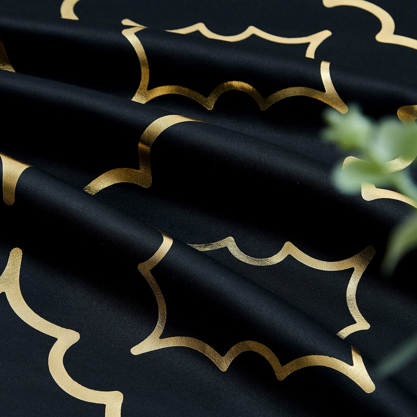 Purainbow Blackout Curtains for Bedroom, Gold Foil on Black Curtains 90 Inches Long Curtains for Living Room Metallic Moroccan Print Drapes, Energy Efficient Window Treatments Grommet Top 2 Panels