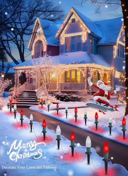 C9 LED Christmas Lights Outdoor with Stakes, 25.7 Feet 20 LED C9 Strawberry String Lights, Connectable Shatterproof Pathway Lights Marker for Path, Lane, Patio, Xmas Holiday Decorations, Red and White