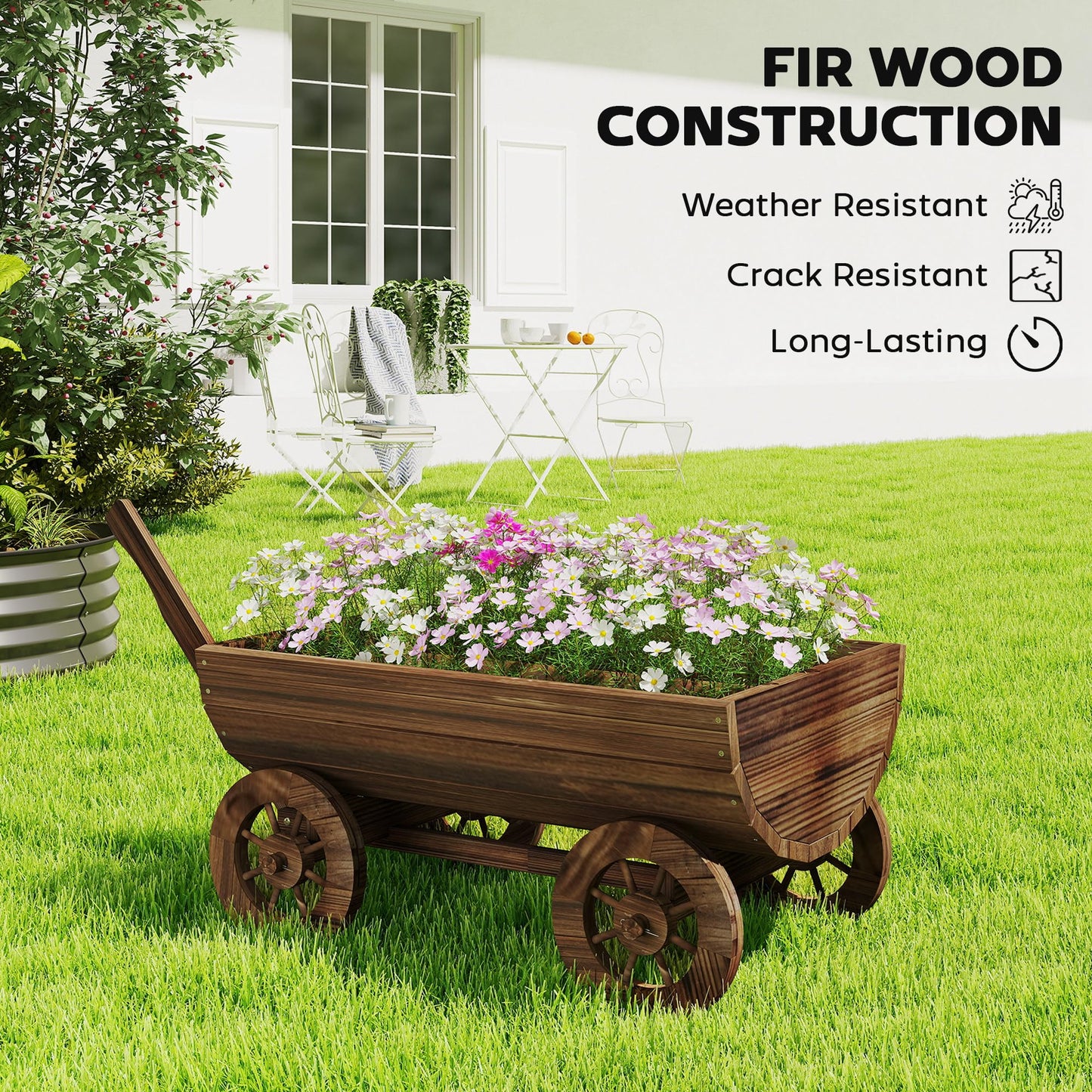 Outsunny Wooden Wagon Planter Box, Mobile Garden Planter with 4 Wheels and Handle, Small Wheelbarrow Wagon Flower Cart with Drainage Hole for Outdoor Patio, Garden, Balcony
