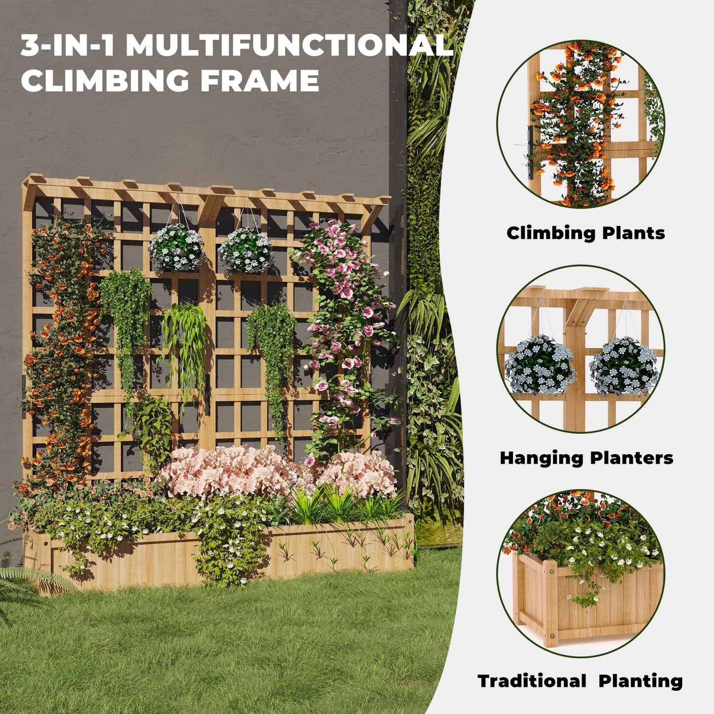 GarveeLife Two-Tier Wooden Planter Box with Trellis for Outdoor Gardens, Elevated Raised Bed for Flowers and Vegetables, 1.4 ft Deep Planter with Hanging Roof & Drainage Holes