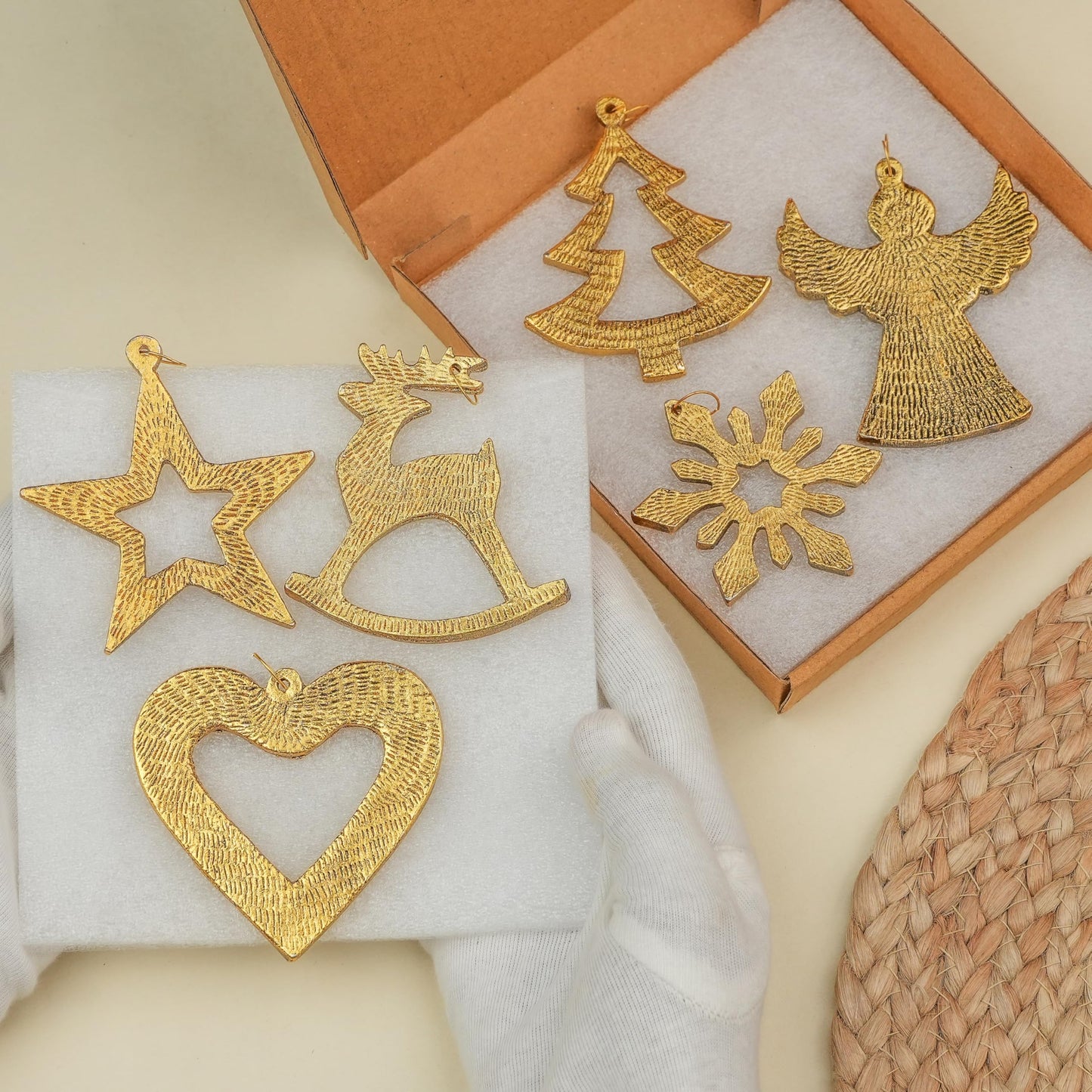IndianShelf 12 Piece Golden Aluminum Christmas Tree Hanging Ornaments – Reindeer, Angel, Star, Snowflake, Heart & Tree Shapes for Holiday & Home Décor
