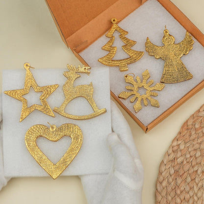 IndianShelf 12 Piece Golden Aluminum Christmas Tree Hanging Ornaments – Reindeer, Angel, Star, Snowflake, Heart & Tree Shapes for Holiday & Home Décor