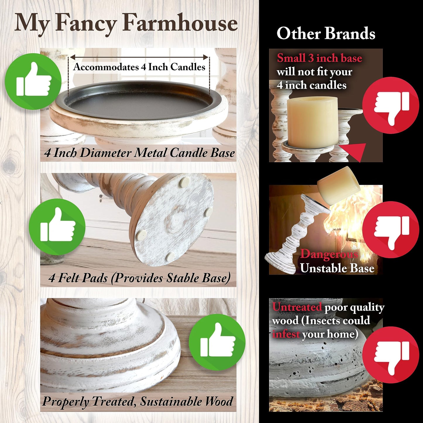Large Candle Holders for Pillar Candles (3 Piece Set) Tall Rustic Wood Farmhouse Pillar Candlestick Stands - Fits 4 inch inch Wide Pillar Candles - Modern Candle Holder Decor (Antique White)
