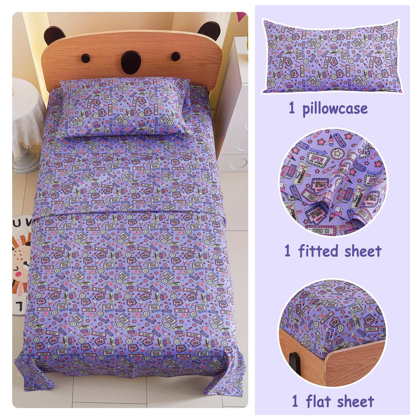 Softan Kids Bed Sheet Set, 3-Piece Twin Sheets Set, Microfiber Fitted Sheet with 15 Inches Deep Pocket and Corner Straps, Breathable & Silky Soft Cool Girl Printed Sheet and Pillowcase Sets