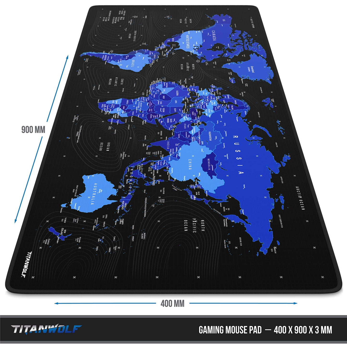 TITANWOLF XXL Speed Gaming Mouse Pad Mouse Mat 900x400 - Mousepad - Table Mat Large Size 90x40 cm - improved precision and speed - Black World Map