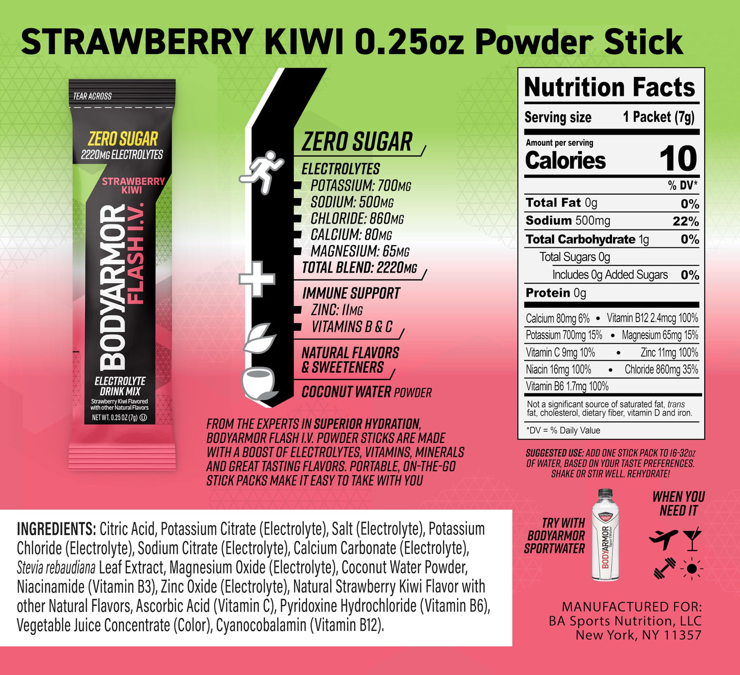 BODYARMOR Flash IV Electrolyte Packets, Strawberry Kiwi - Zero Sugar Drink Mix, Single Serve Packs, Coconut Water Powder (6 Count)