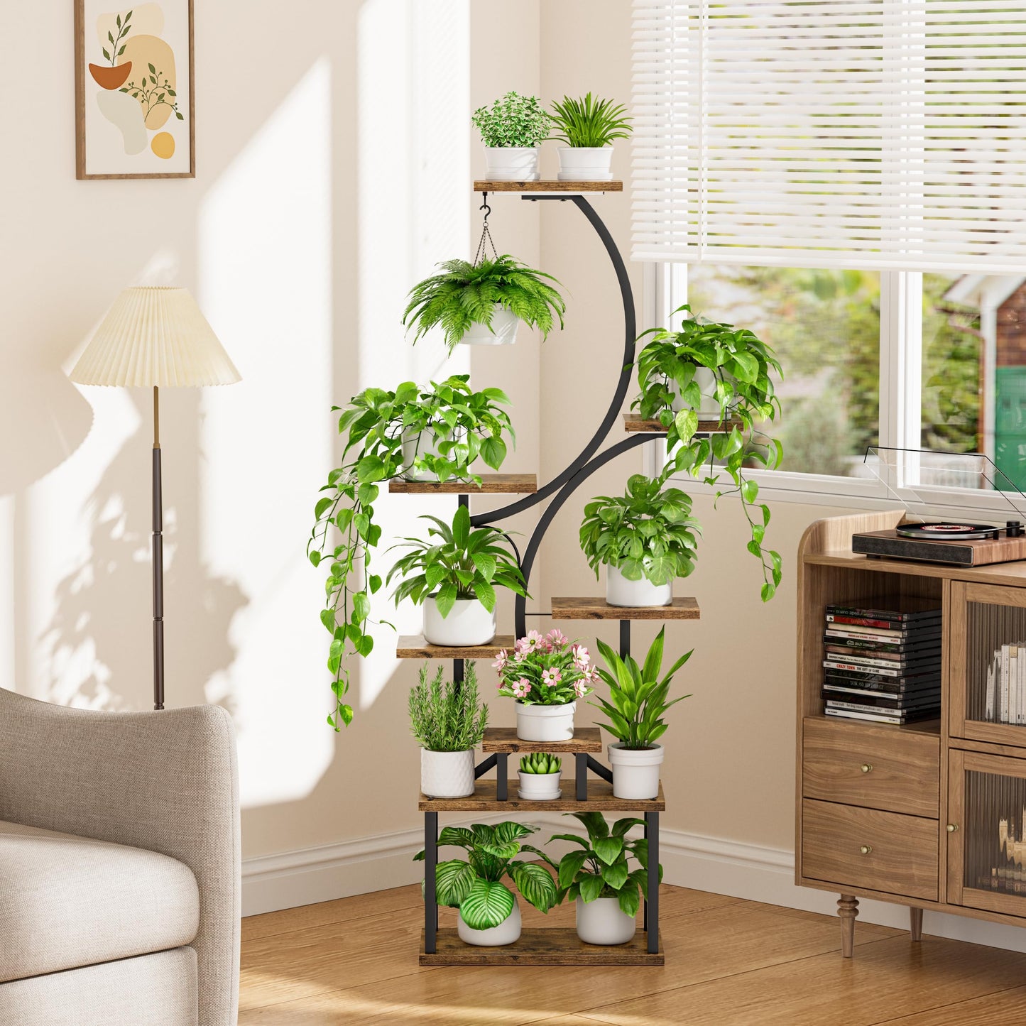 Plant Stand Indoor with Grow Lights - 62" Tall Plant Shelf, Lighted Corner Plant Stands for Indoor Growing, 8 Tiered Large Flower Holder, S-Shaped Decorative Rack for Living Room, Patent Design, Brown