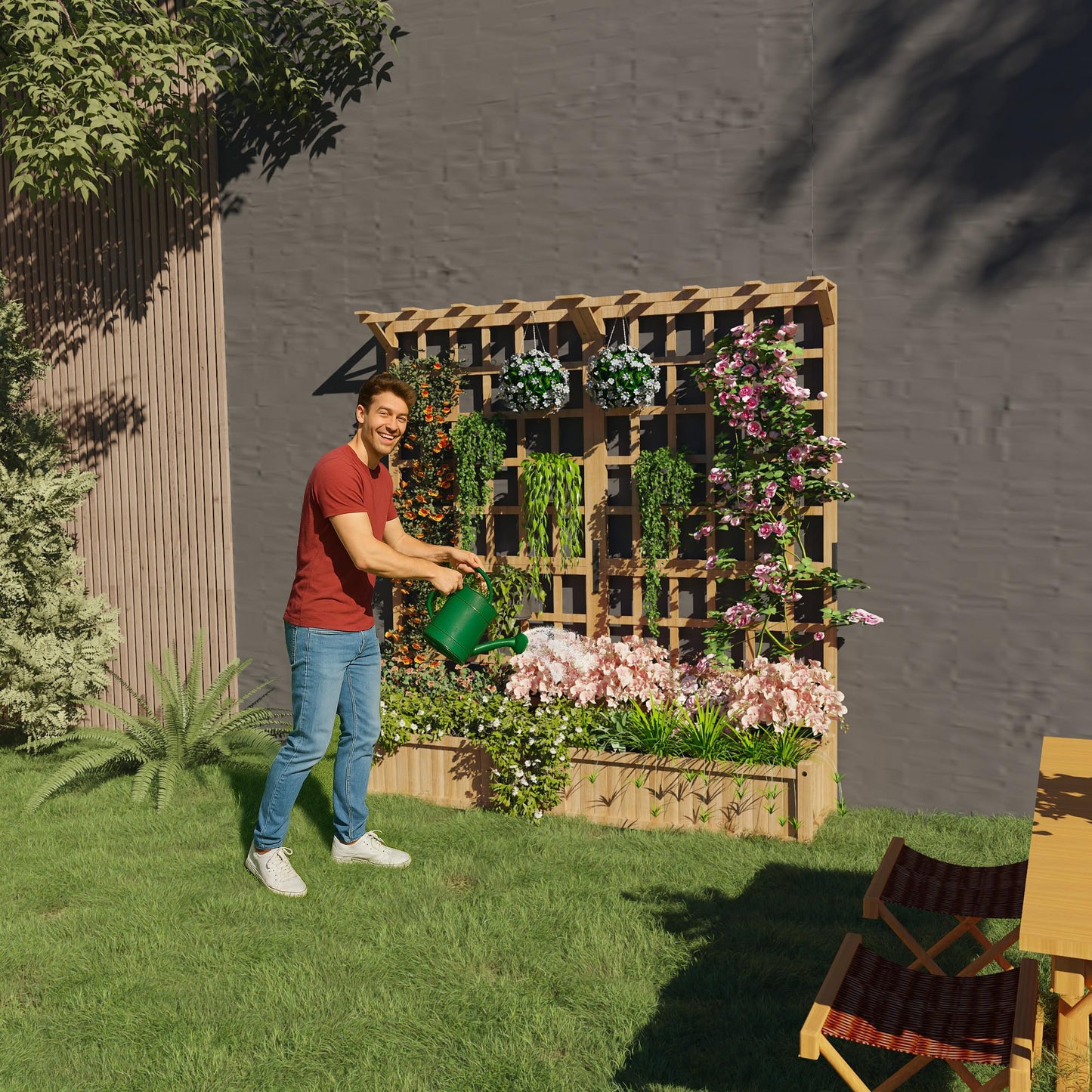 GarveeLife Two-Tier Wooden Planter Box with Trellis for Outdoor Gardens, Elevated Raised Bed for Flowers and Vegetables, 1.4 ft Deep Planter with Hanging Roof & Drainage Holes