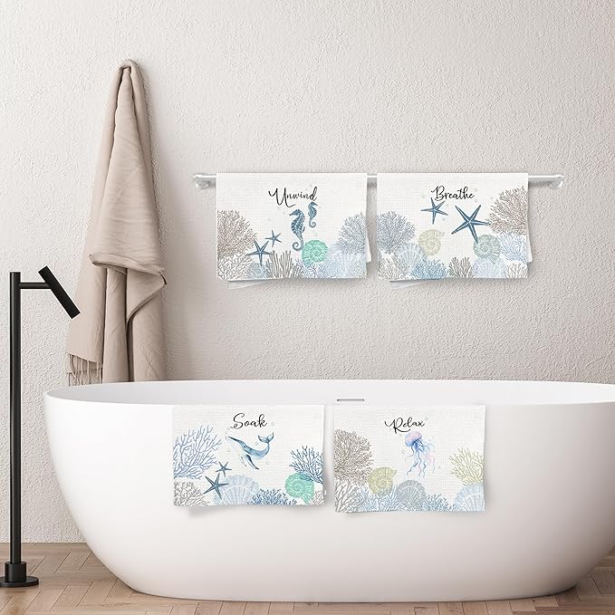 Coastal Hand Towels for Bathroom Set of 4, Relax Breathe Soak Unwind Decorative