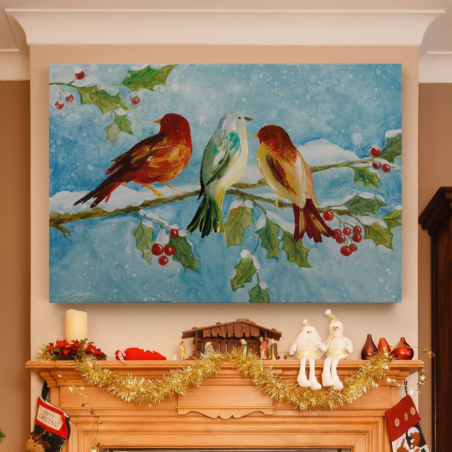 Renditions Gallery Animals Wall Art Paintings for Home Decor SnowBirds Sitting on Holly Tree Abstract Art Wall Hanging Prints for Bedroom Dining Living Room Office Home Kitchen Decor - 32"X48" LT18