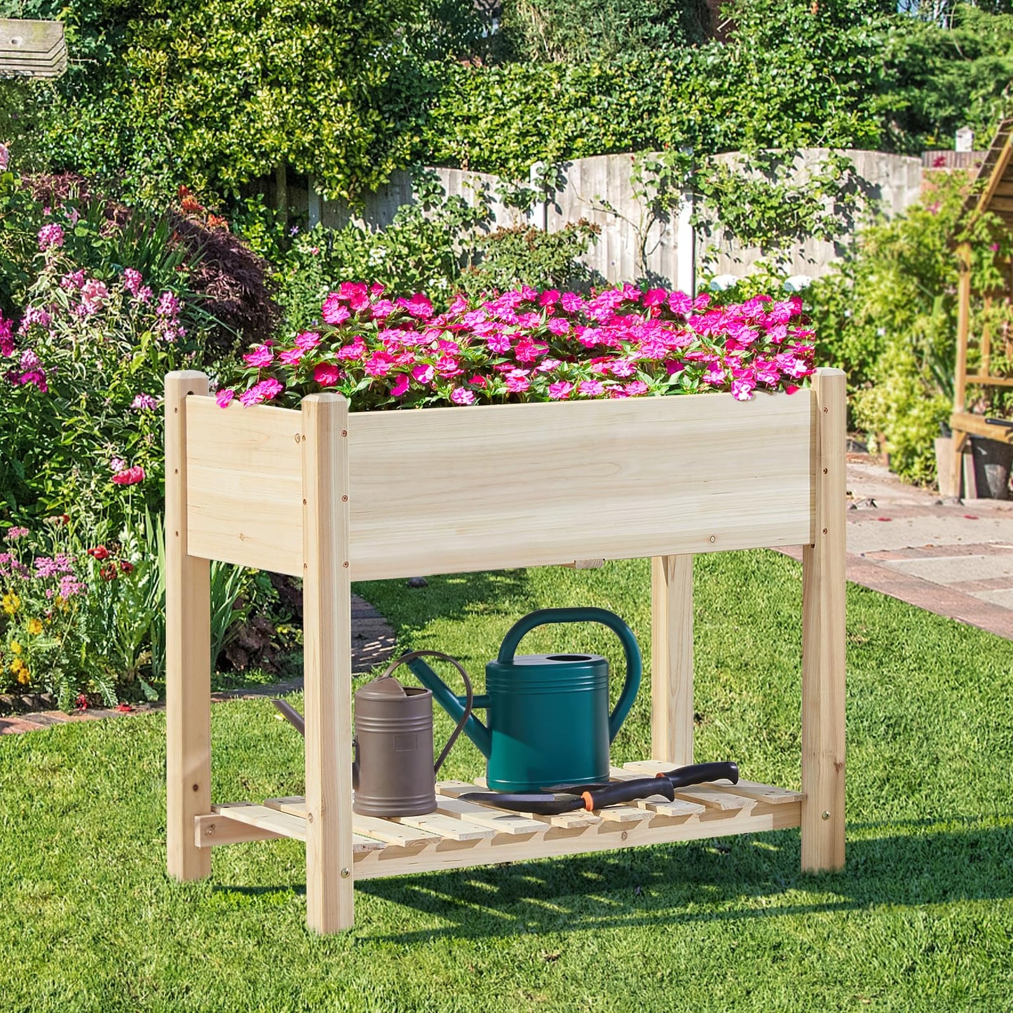 Yaheetech 34x18x30in Horticulture Raised Garden Bed 2pcs Planter Box with Legs & Storage Shelf Wooden Elevated Vegetable Growing Bed for Flower/Herb/Backyard/Patio/Balcony