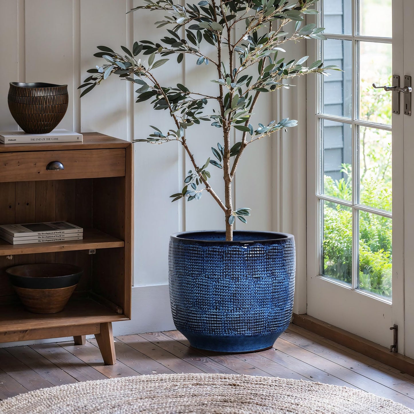 LuxenHome 15.75" Dia Large Ceramic Pots for Plants, Teal Blue Glazed Planters for Outdoor Plants, Round Indoor Flower Pots with Drainage Hole and Rubber Plug for Home Garden Patio