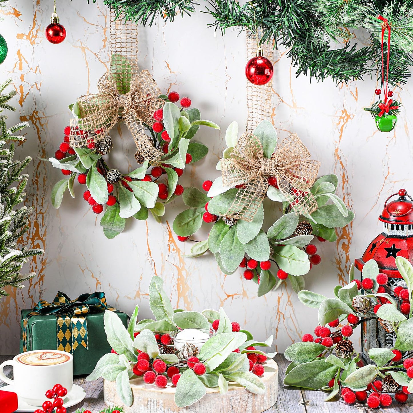 Zeyune 6 Set 9'' Small Wreaths for Kitchen Cabinets Mini Christmas Wreaths Real to Touch Lamb Ear with Burlap Ribbon Red Berry Farmhouse for Xmas Wall Window Indoor Outdoor Chair Decor
