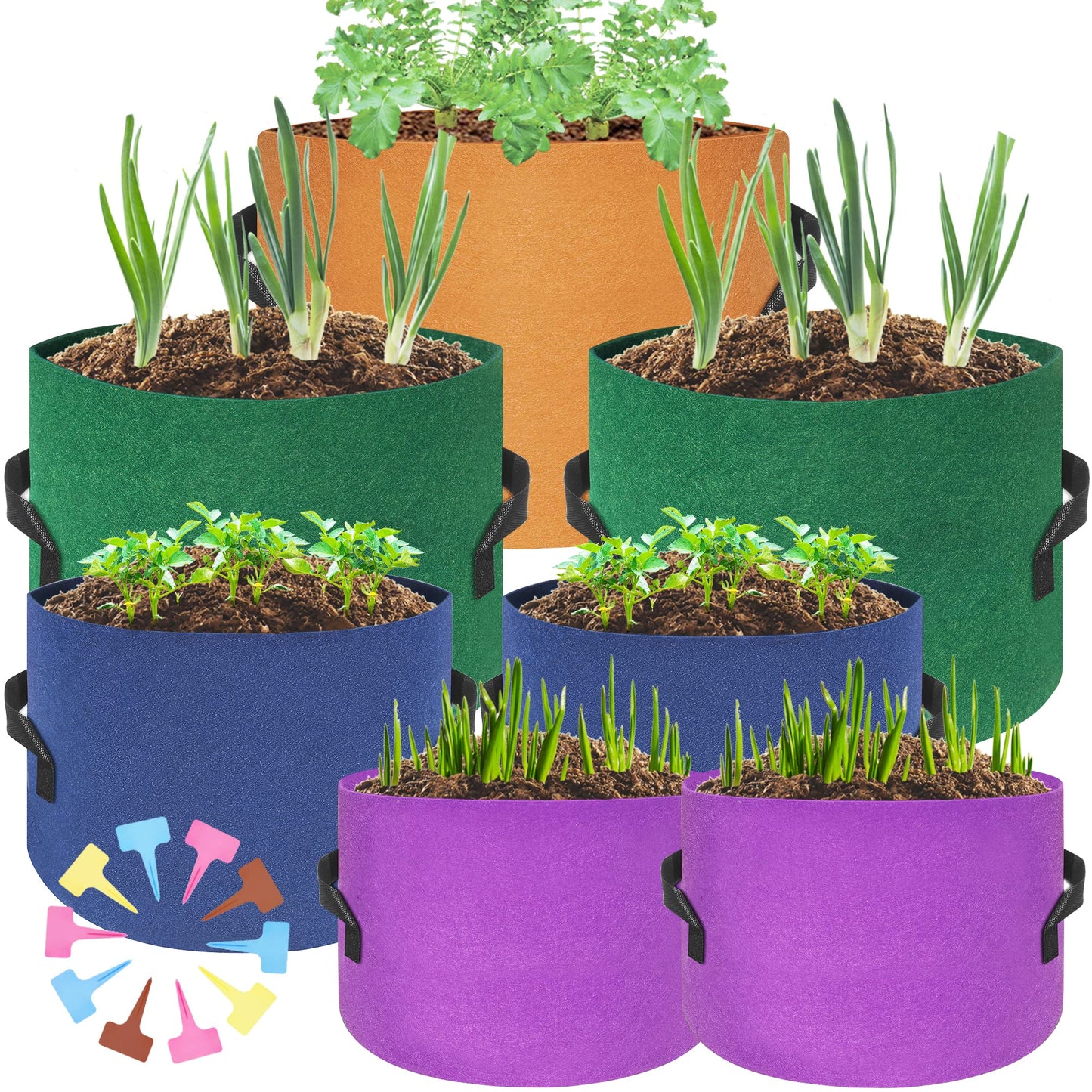 HAOWIN 400G Thickest 7-Pack Colorful Plant Grow Bags, Fabric Pots 10 Gallon 7 Gallon 5 Gallon 3 Gallon Variety Size Pack, Plant Labels Included Potato Growing Bags