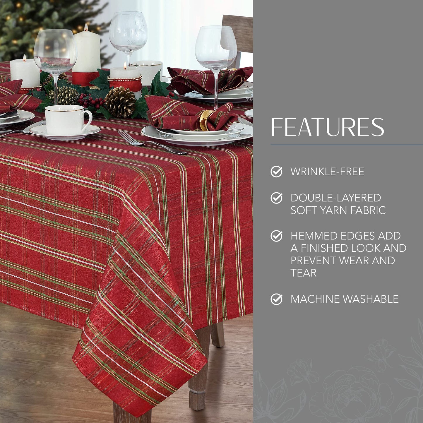 Elrene Home Fashions Shimmering Plaid Holiday Fabric Tablecloth, 60" x 120", Red