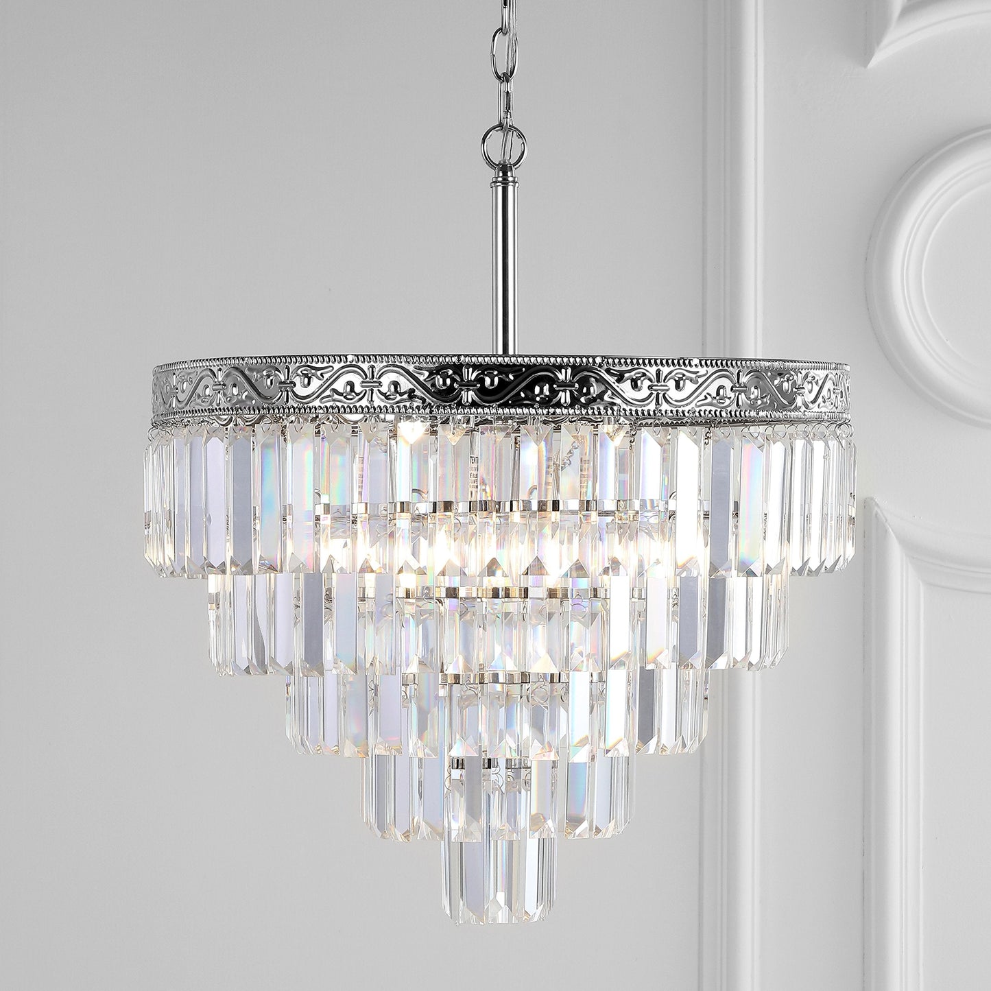 JONATHAN Y 20" Polished Nickel/Clear 4-Light LED Chandelier, Modern Tiered Pendant Light Fixture for Dining Room, Bedroom, Entryway with Clear Faceted Crystal Shade (JYL9007A)