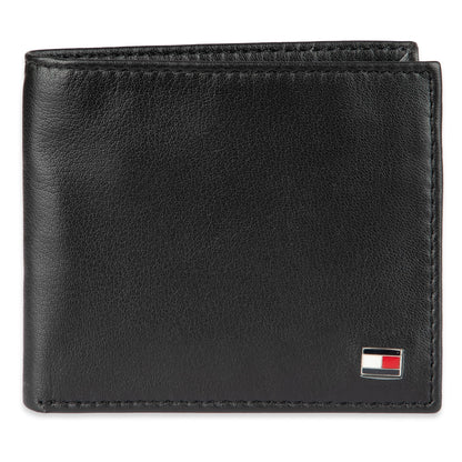 Tommy Hilfiger Men's Leather Wallet – Slim Bifold with 6 Credit Card Pockets and Removable ID Window, Dark Black, One Size