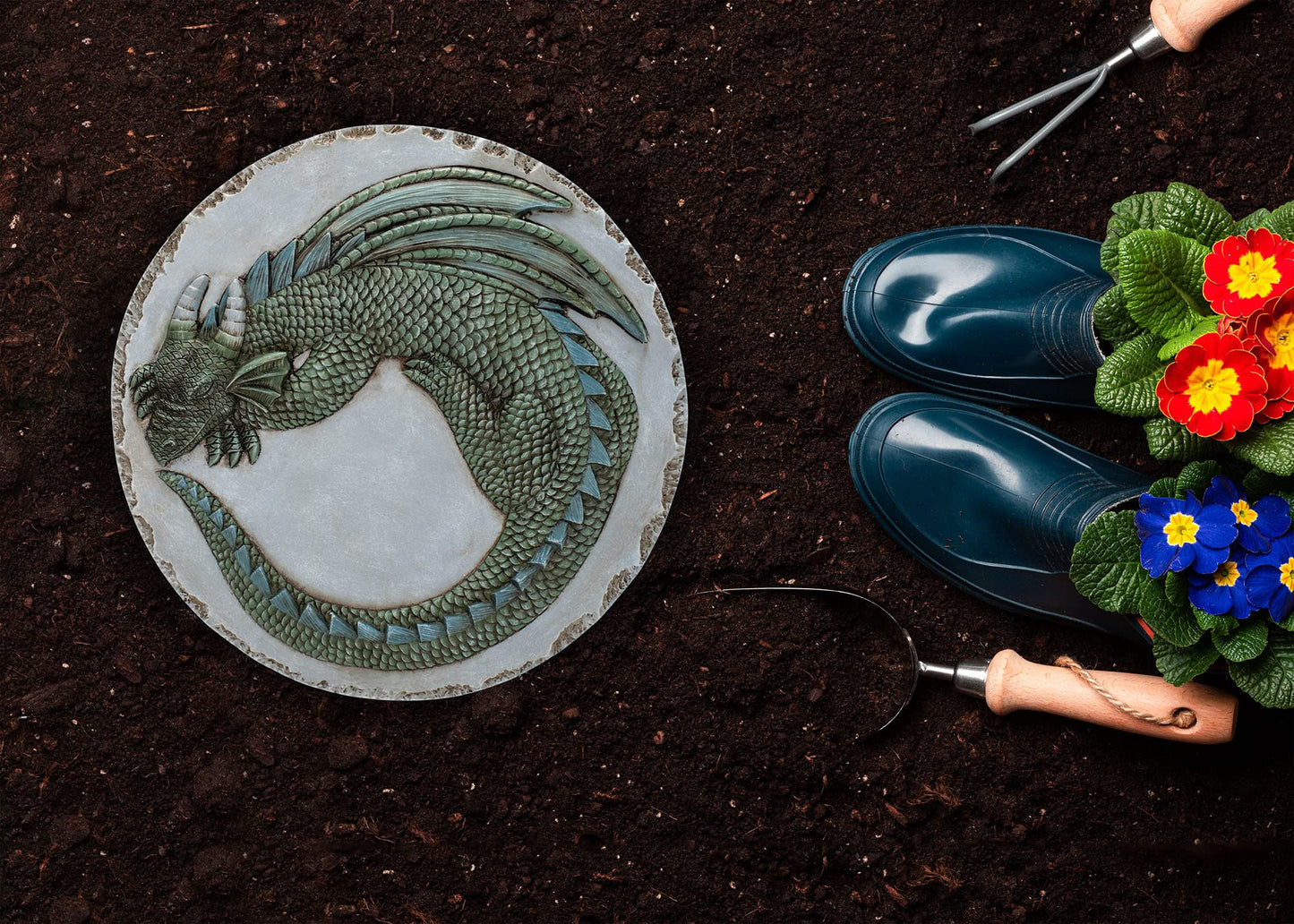 NAT & Jules Animal Character Dimensional Indoor Outdoor 12 inch Round Cast Resin Decorative Garden Stepping Stone, Patio, Walkway Sculpture Yard Art, Green Dragon