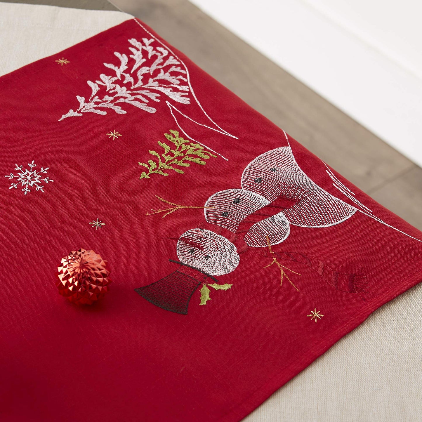 DII Embroidered Holiday Table Décor Collection Christmas Kitchen, Snowman Table Runner, 14x70, Red