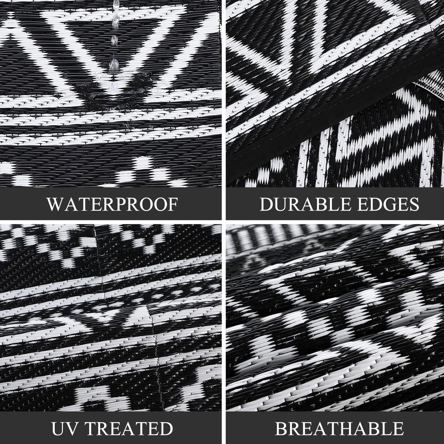COZYLOOM Outdoor Rug 10' x 20' Waterproof for Patios Clearance, Reversible Outdoor Plastic Straw Camping Rug Carpet, Large Rugs Mats for RV, Camper, Deck, Balcony, Porch, Beach, Picnic,Black & White