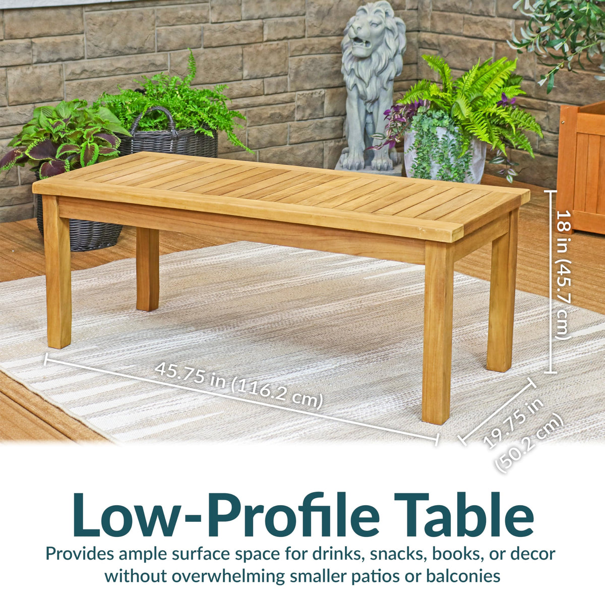 Sunnydaze 45-Inch Solid Teak Rectangular Outdoor Coffee Table - Patio Coffee Table for Outside - Light Brown Wood Stain Finish