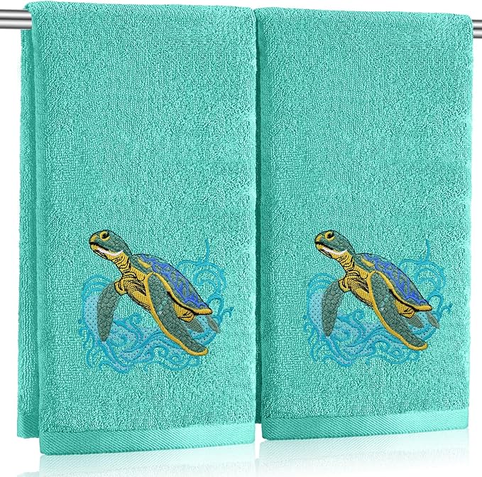 2 Pcs Sea Turtle Hand Towels Teal Bathroom Decor 14x29 Inch Embroidered 100%