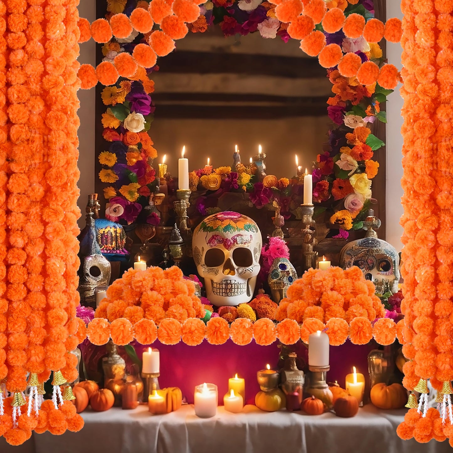 OCTERIC 6 Pcs 5 Ft Artificial Marigold Flowers Garland, Dia de Los Muertos Faux Garlands Diwali Decoration with Pendant Bell for Indian American Wedding Party Mantle Decor (Dark Orange)