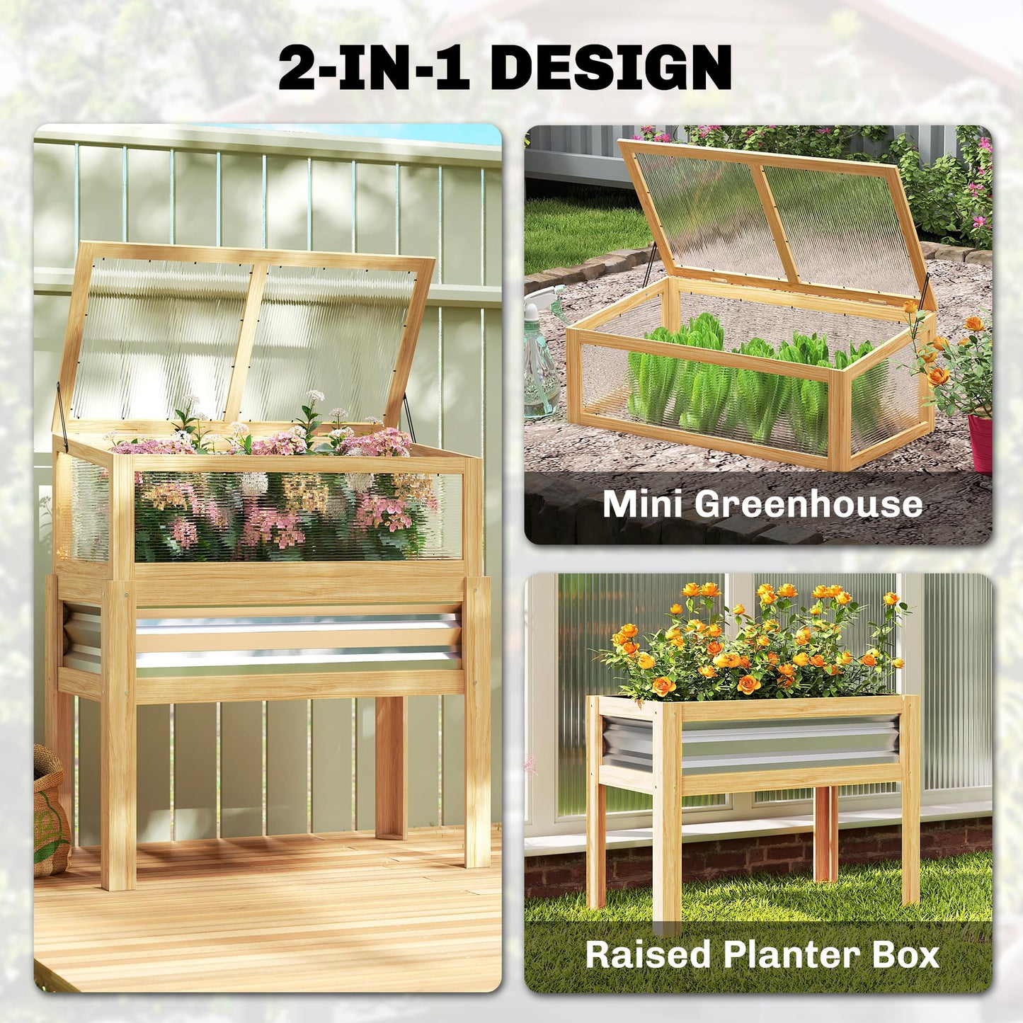 Outsunny Wooden Raised Garden Bed with Flip-Up Greenhouse Top, Raised Garden Bed with Legs and Bed Liner, Elevated Planter Box for Flowers, Vegetables, Herbs, Natural