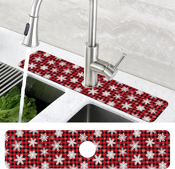 Christmas Snowflake Kitchen Sink Splash Guard Mat Buffalo Plaid Absorbent Fast