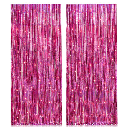 2 Pack 3.2ft x 8.2ft Pink Metallic Tinsel Foil Fringe Curtains Backdrop for Pink Party Birthday Wedding Bachelorette Baby Shower Holiday Party Decorations Photo Booth Props