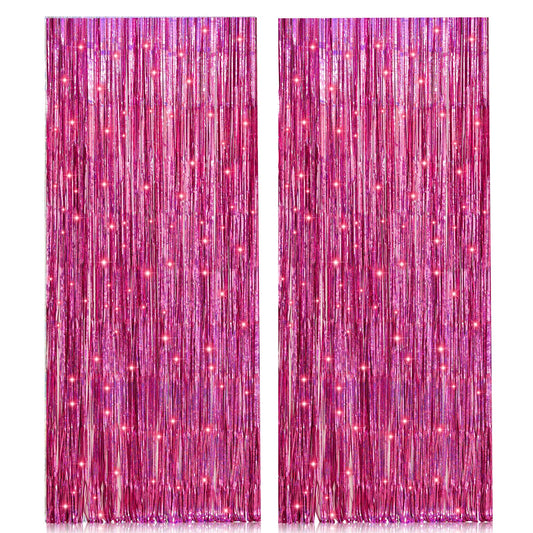 2 Pack 3.2ft x 8.2ft Pink Metallic Tinsel Foil Fringe Curtains Backdrop for Pink Party Birthday Wedding Bachelorette Baby Shower Holiday Party Decorations Photo Booth Props